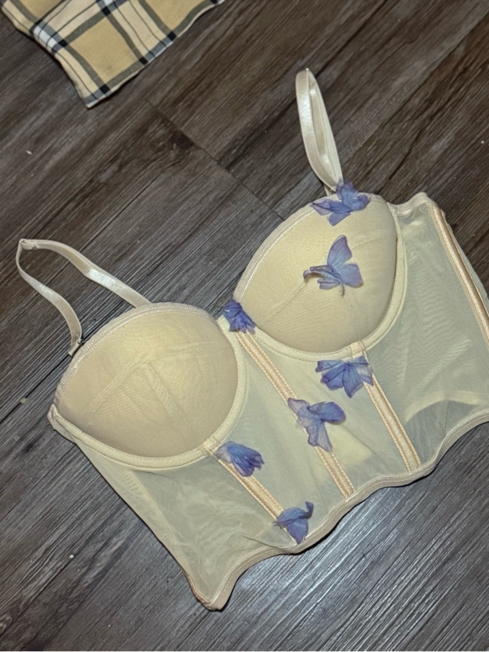 Cream Longline Bustier with Purple Floral Appliqué - Women Intimates